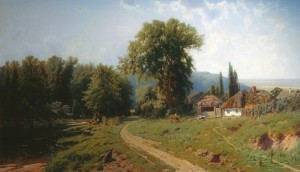 Russian landscape with houses near a forest along a river